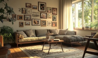 Cozy living room with a family photo wall and comfortable seating