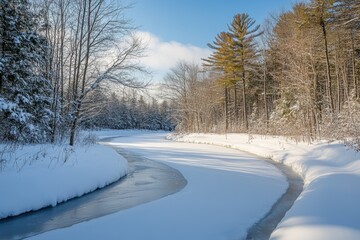 Obraz premium A river is frozen over with snow on the trees. The water is clear and the sky is blue