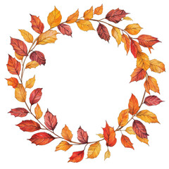 Fototapeta premium Colorful autumn leaf wreath with varying shades of red, orange, and yellow leaves for decoration