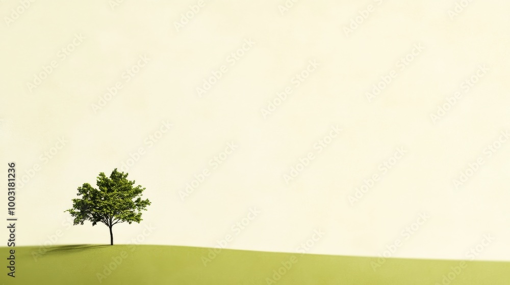 Poster a robust tree rises alone on a smooth green hill beneath a calm empty sky backdrop