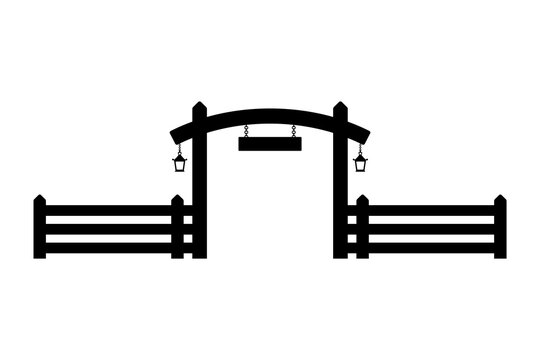 Fence and gate icon. Fencing. Black silhouette. Front view. Vector simple flat graphic illustration. Isolated object on white background. Isolate.