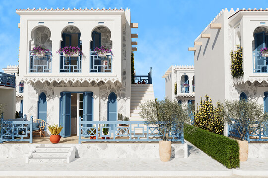 Luxury Moroccan-Santorini Fusion Villa. Private Seaside Retreat. Elegant Mediterranean Mansion Exterior. Modern Villa with Arched Balconies. Coastal Home with Blue and White Design.