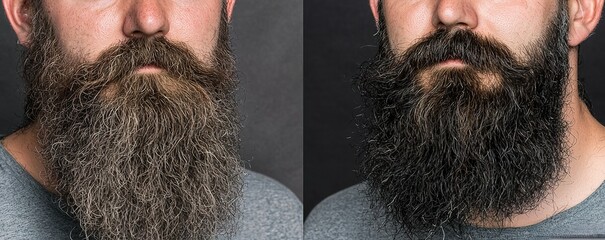 Transformative beard grooming techniques showcased through contrasting styles in a studio setting