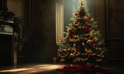 Festive Christmas tree decorated with red and gold ornaments, shining brightly in a dimly lit room