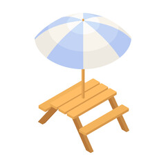 Picnic table with parasol - hand drawn isometric vector illustration.