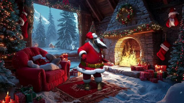 Christmas Clip of Santa Claus dancing in his snowy living room with roaring fire in the fireplace. Loopable