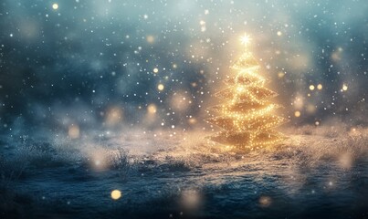 A stylized Christmas tree made of geometric light shapes, glowing softly in a frosty winter landscape, surrounded by softly falling snowflakes and stars.