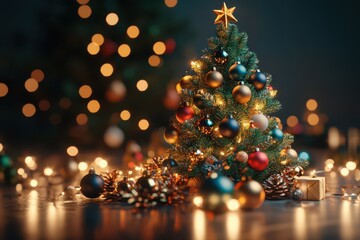 Christmas tree, colorful lights, ornaments, minimalist stage design, vibrant backdrop, 3D, evergreen green, warm gold, creamy white, modeling