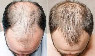Transformative hair restoration journey showcasing before and after results of hair regrowth in a clinical setting