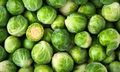 Fresh Brussels sprouts harvested in a farm field, arranged neatly on a table for market display