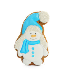 Tasty Christmas cookie in shape of snowman isolated on white