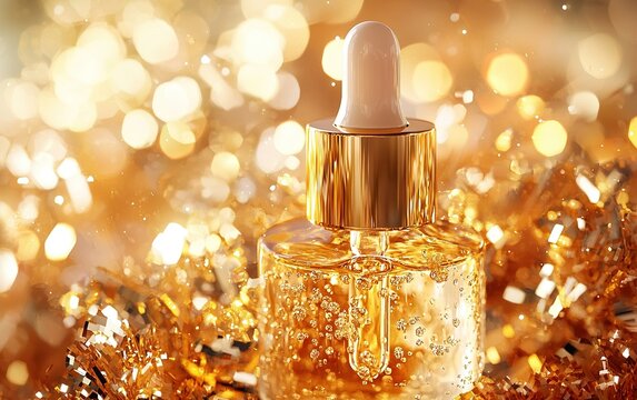 Golden elixir reflected in shimmering lights, capturing the essence of luxury and beauty in a vibrant celebration