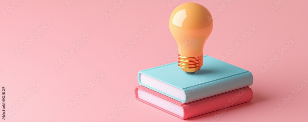 Poster creative 3d icon of a light bulb on top of a stack of books against a pink background signifying inn