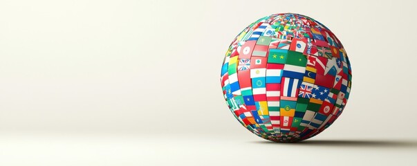 3D icon of a globe featuring diverse national flags representing global unity and international relations
