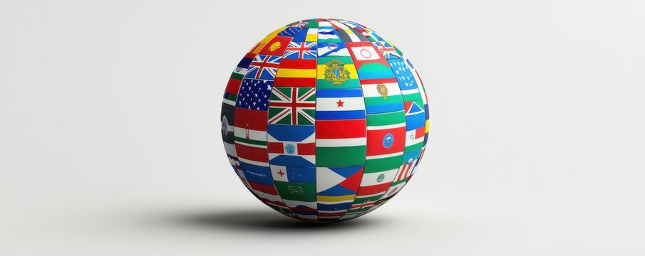 3D globe with flags from around the world symbolizing global unity and international diversity