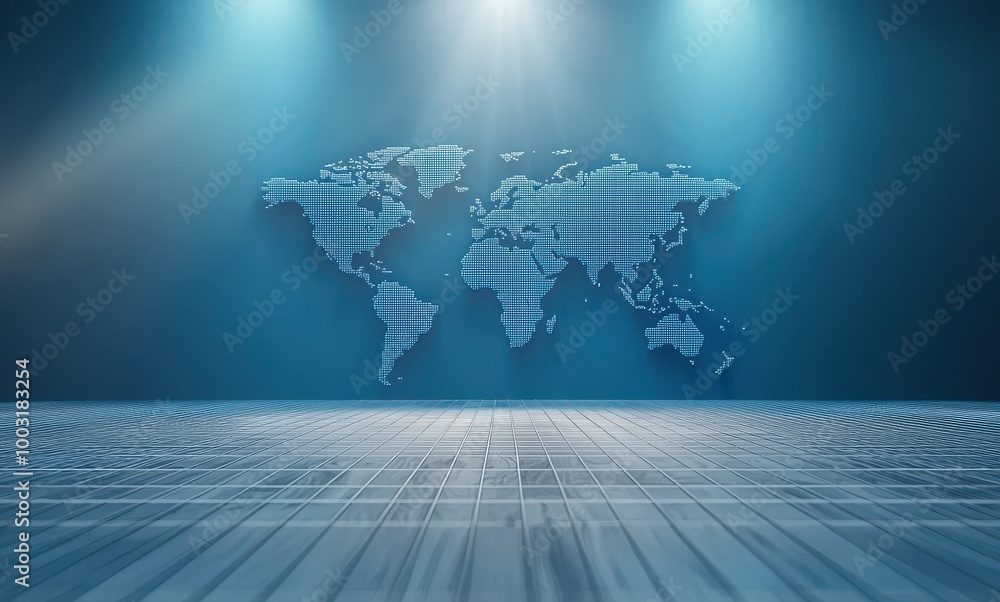 Poster 3d world map on a blue background with illuminating light, showcasing global connectivity and techno