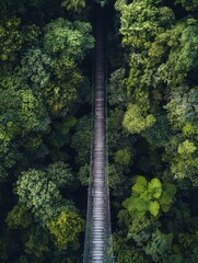 Fototapeta premium A narrow suspension bridge stretches through a lush green tropical rainforest, surrounded by dense foliage and towering trees.