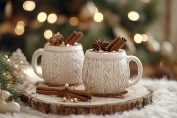 Fototapeta premium Cozy festive decorative tabletop, hot cocoa mugs, cinnamon sticks, highly detailed, intricate details