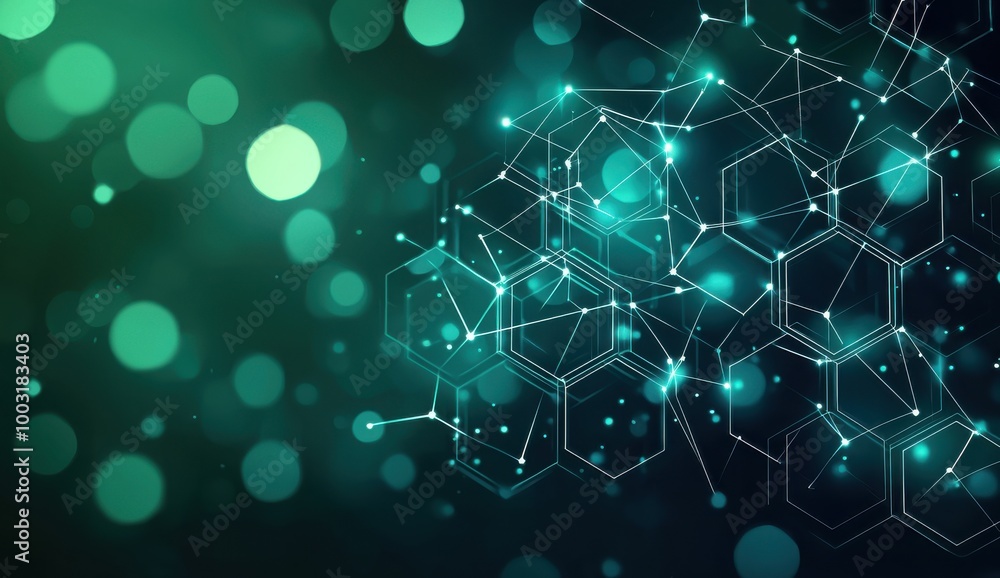 Poster abstract hexagonal network background with glowing teal lights and interconnected lines illustrating