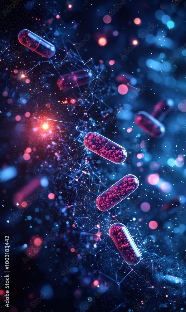 Aufkleber futuristic digital background with floating capsules and vibrant scientific imagery representing mod