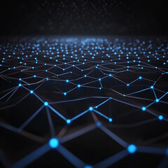 Obraz premium Abstract digital network visualization with glowing blue data points and connected lines on a dark background, futuristic technology theme, high-detail, photorealistic rendering