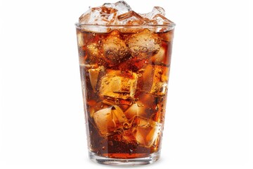 Iced cola in a glass with ice cubes on a clean white background, refreshing..
