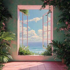 Open window with view to the sea and sky. 3d rendering