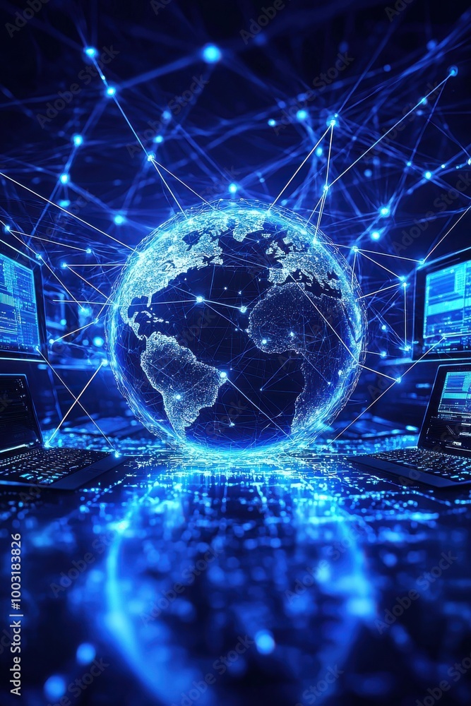 Poster digital representation of earth on blue technology background with data connections and network inte