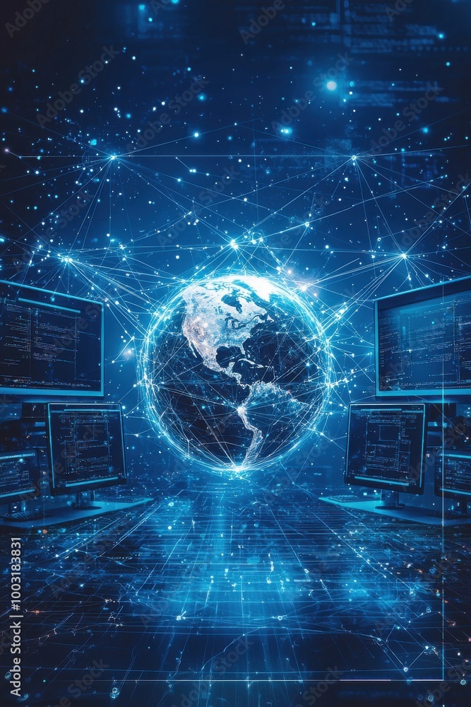 Poster digital representation of earth with interconnected network nodes on a blue technological background