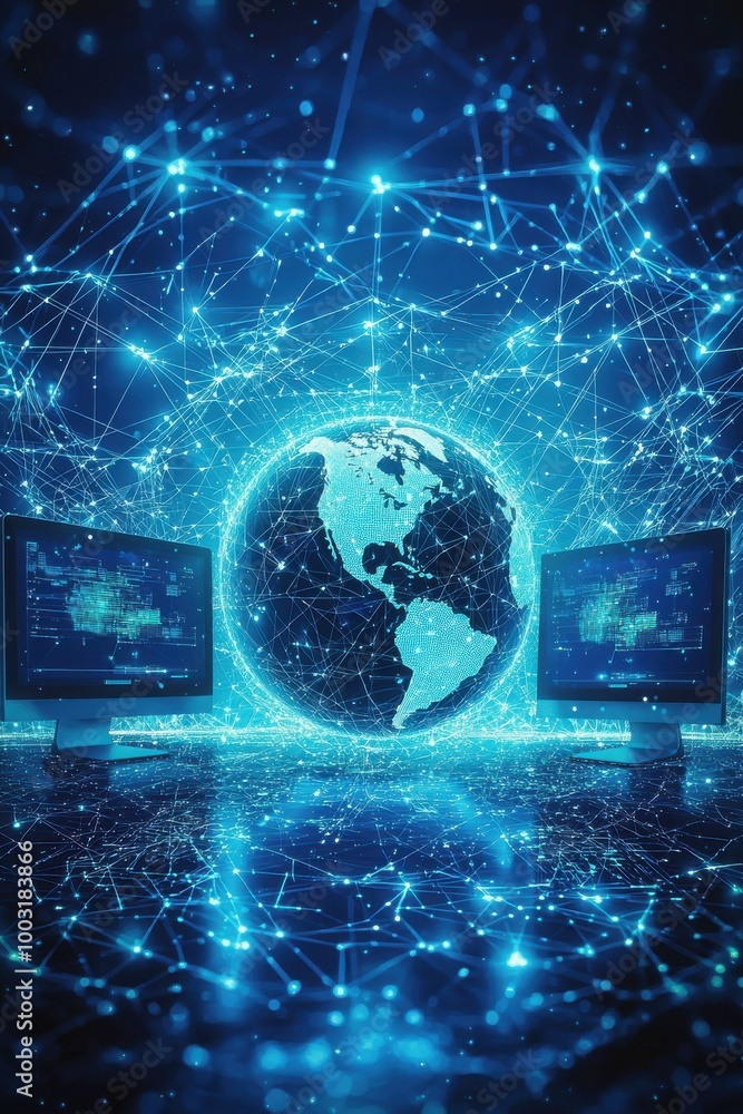 Poster digital earth surrounded by a network of glowing blue connections and technology interfaces on a fut