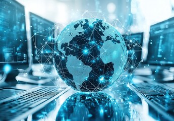 Fototapeta premium Digital Earth with network connections on a blue background surrounded by computer screens, symbolizing global internet and technology