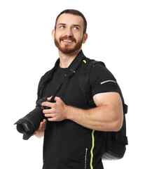 Fototapeta premium Photographer with backpack and camera on white background