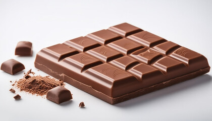 A single chocolate bar with a few pieces around it, looking tempting on a white background.