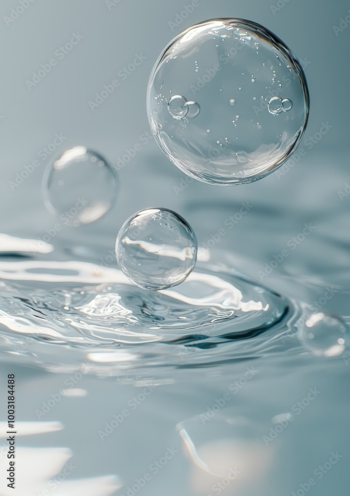 Poster close-up of three small bubbles suspended in clear liquid against a soft blue background creating a 