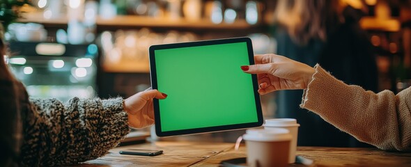 Close-up of two people holding an iPad with a green screen at a cozy cafe, surrounded by warm atmosphere and a coffee cup on a wooden table