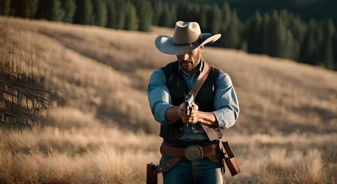 Cowboy with a revolver in the Wild West.