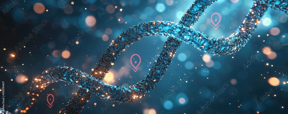 Poster close-up view of intertwining dna strands with glowing blue light and abstract particles in a cosmic