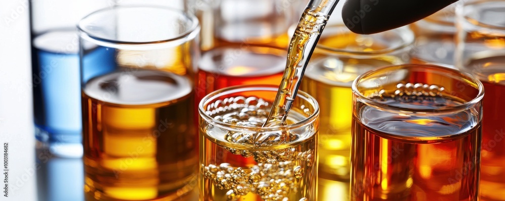 Aufkleber close-up of various beakers and flasks filled with amber liquid in a laboratory setting