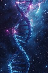 Obraz premium Close-up of two double-helix DNA strands in a cosmic background showcasing the beauty of genetics in a galaxy setting