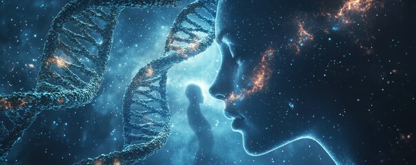 Close-up of two double-helix DNA strands with a human silhouette in a cosmic blue background, symbolizing genetics and human evolution