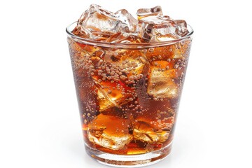 Iced cola in a glass with ice cubes on a clean white background, refreshing..