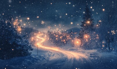 An abstract Christmas night with glowing light trails and twinkling stars, set against a dark, snowy landscape with softly falling snowflakes