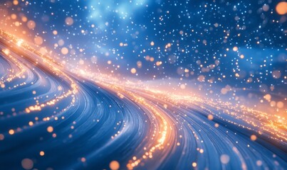 An abstract winter wonderland with glowing light trails and swirling snowflakes, set against a deep blue sky filled with shimmering stars