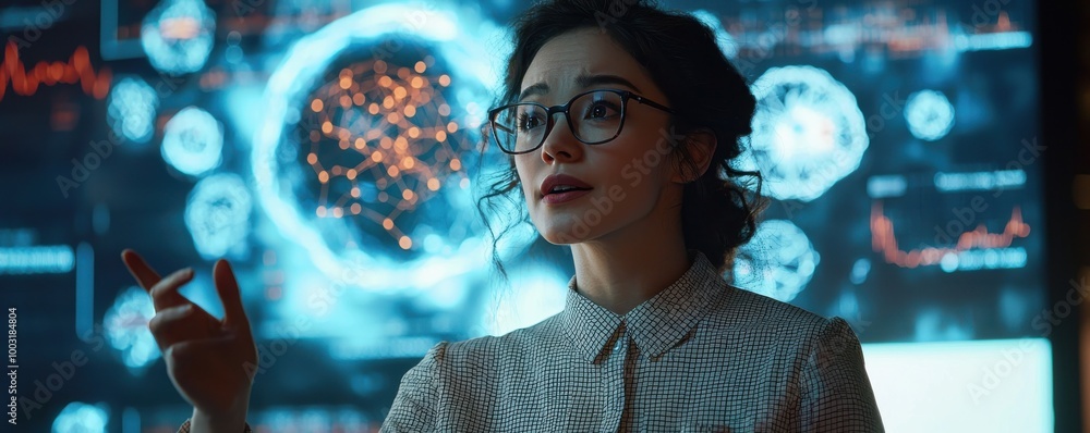 Poster confident female scientist in glasses analyzing digital data in a high-tech laboratory with futurist