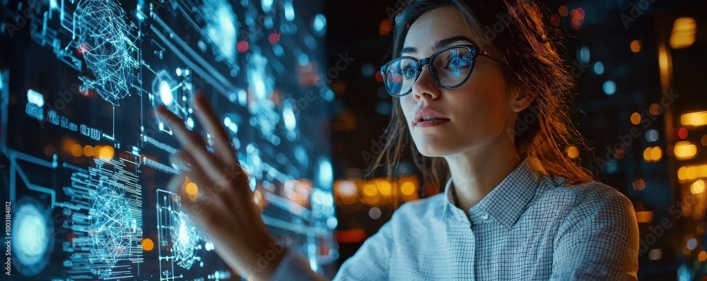 Poster confident female scientist in glasses focusing on advanced digital interface with virtual data overl