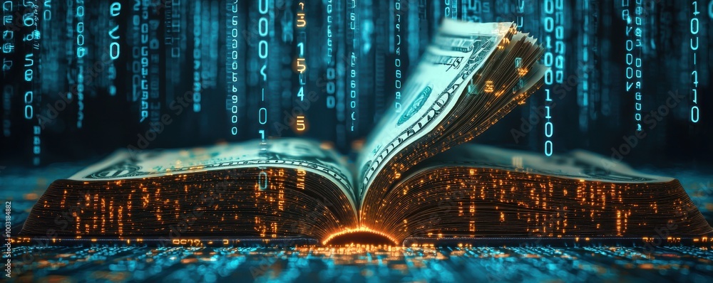Poster digital collage illustrating the intersection of money and technology with abstract binary code and 