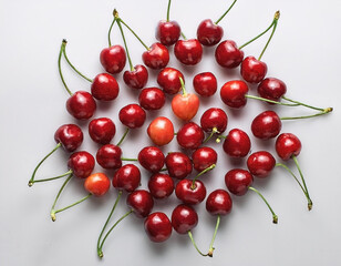 A bunch of red cherries with green stems, neatly arranged in the middle of a white background