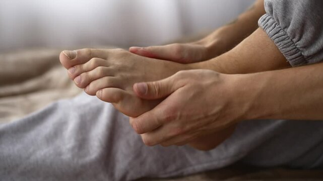 The man's leg hurts.
Male foot.
A man massages his ankle.
Foot massage.
Foot bruise.
It hurts for a person to step on it.
Relieving leg pain