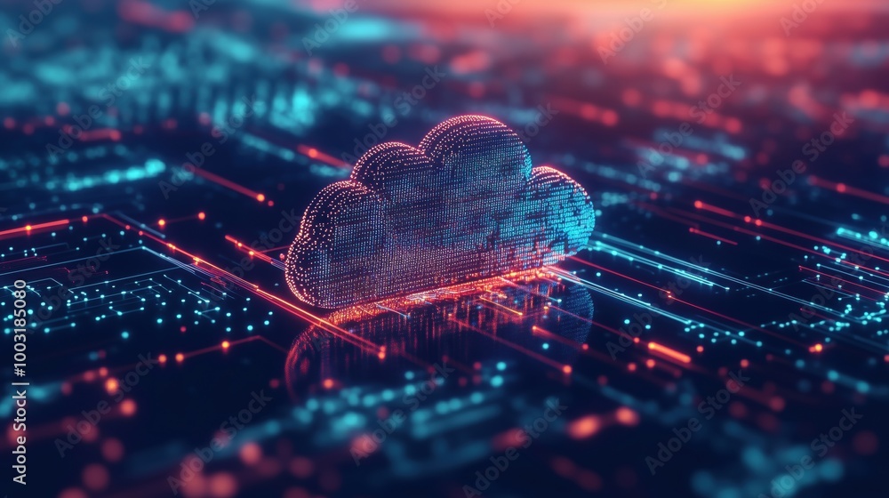 Poster digital cloud technology with glowing circuits and data