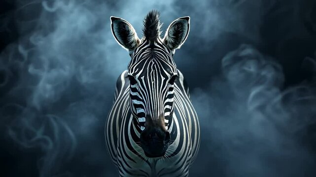 A zebra stands in front of a smoky background, its stripes clearly visible against the dark blue haze